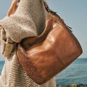 The Sak Leather Sequoia Laser Cut Hobo Shoulder Bucket Bag Tobacco Moroccan Tan